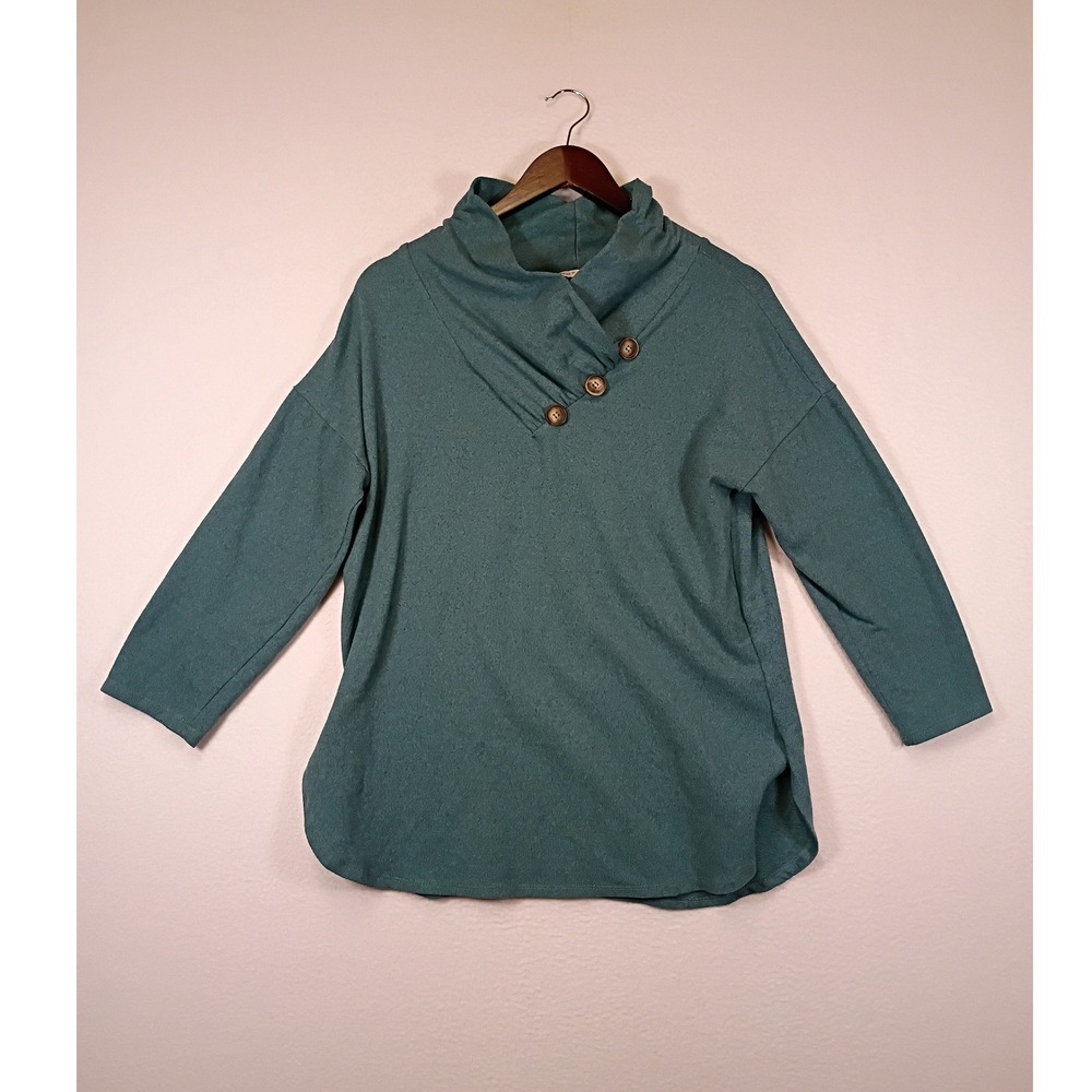 Cozy Chic Notations Womens Large Teal Cowl Neck Button Detail Knit Tunic Top